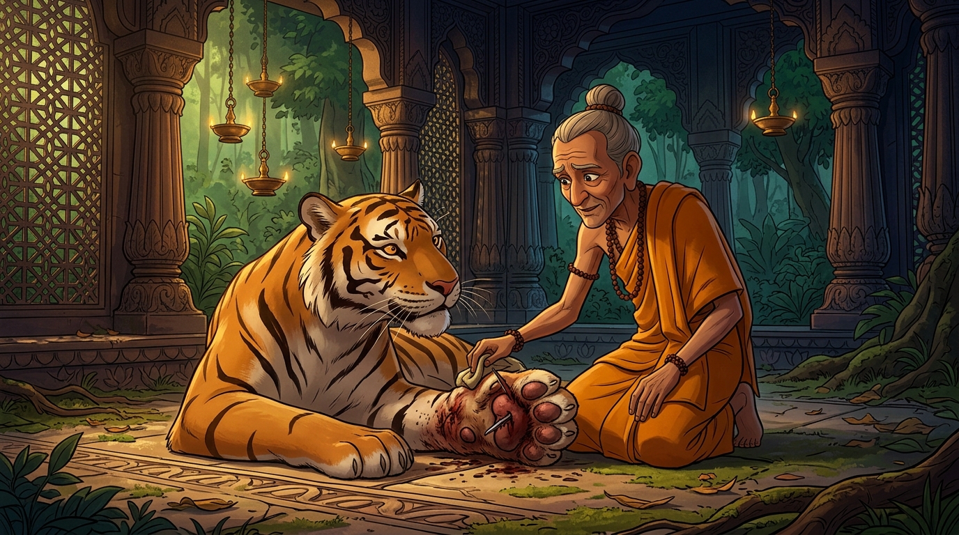 Shanti-Muni spots that the tigress's front left paw is swollen with a sharp rusty iron trap barb