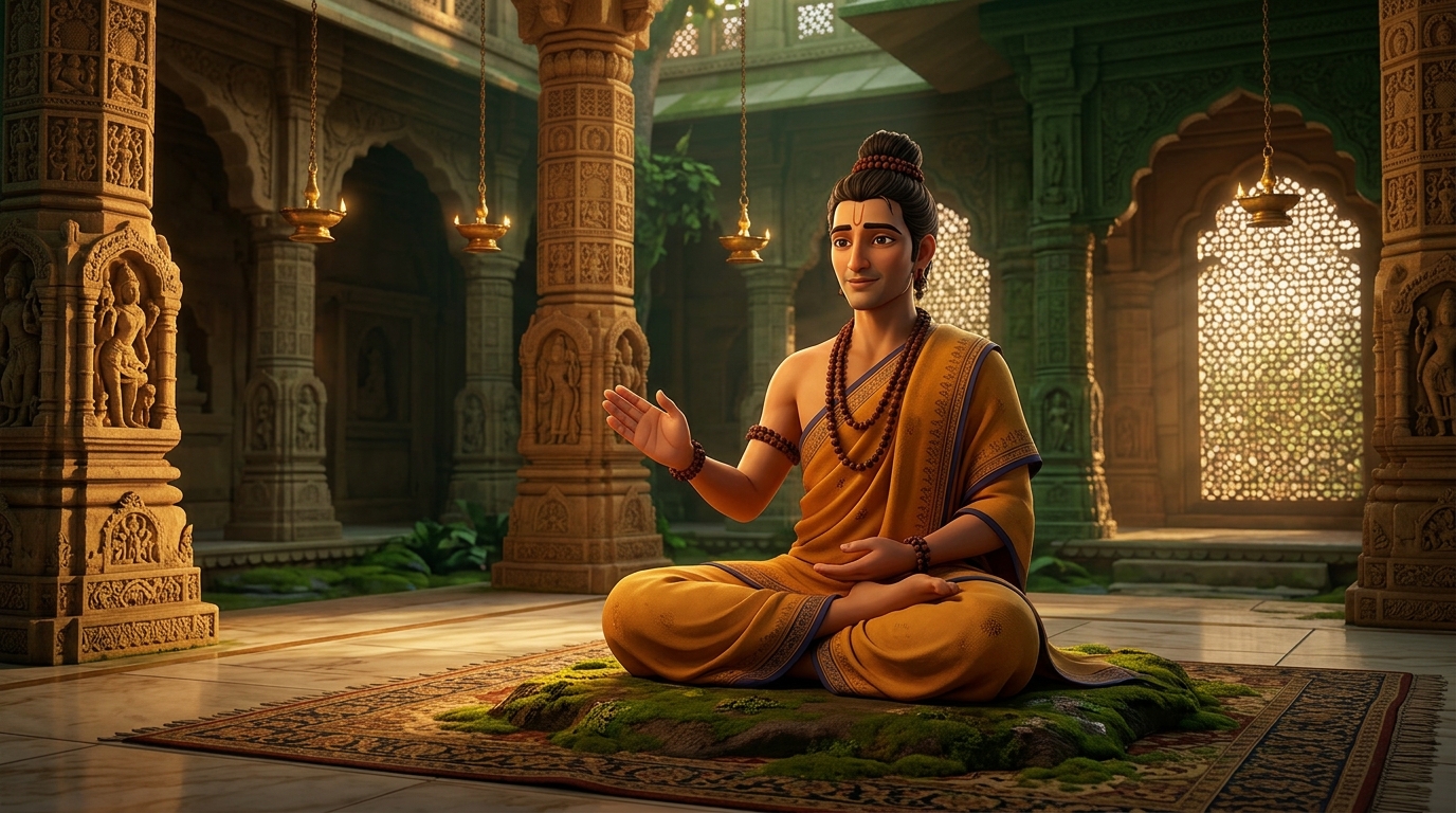Sitting cross-legged on earth, Shanti-Muni extends his open hand with absolute calm