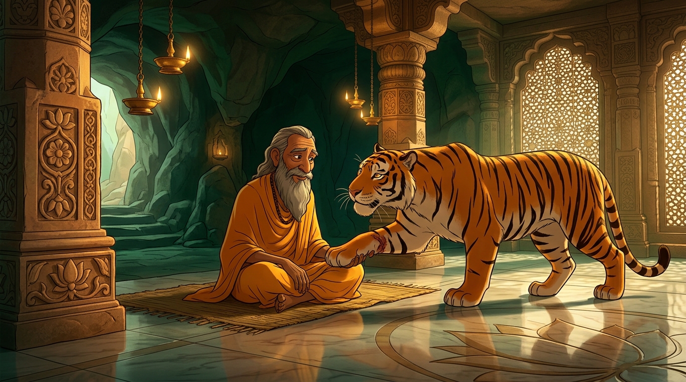 Sensing absence of malice, the tigress limps forward, resting her massive paw in the sage's lap
