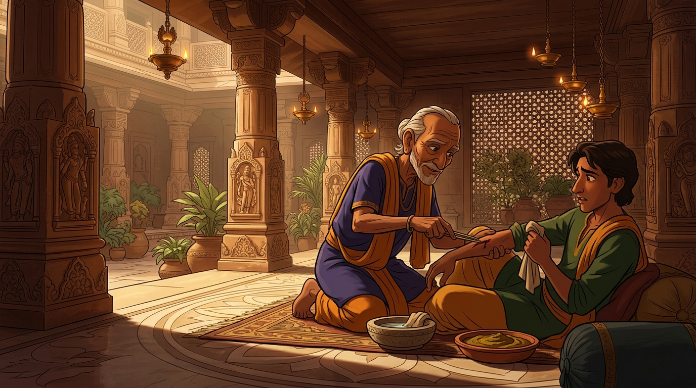 With gentle fingers, Shanti-Muni extracts iron barb, washing wound and applying neem balm