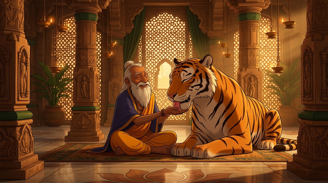 Relieved of pain, the gentle tigress purrs softly, affectionately licking the sage's hand