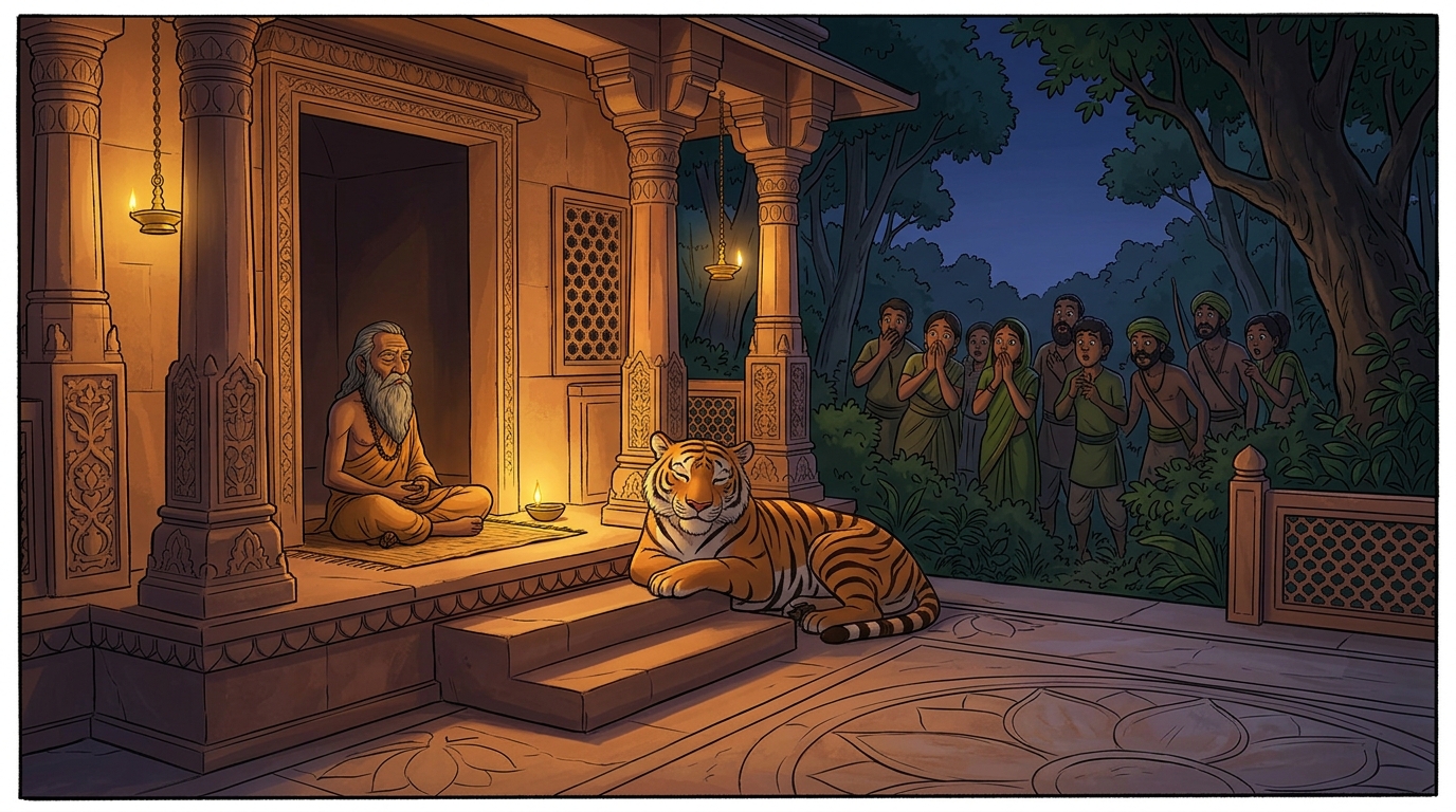 Villagers and hunters watch in astonishment as the tigress rests beside the hermitage