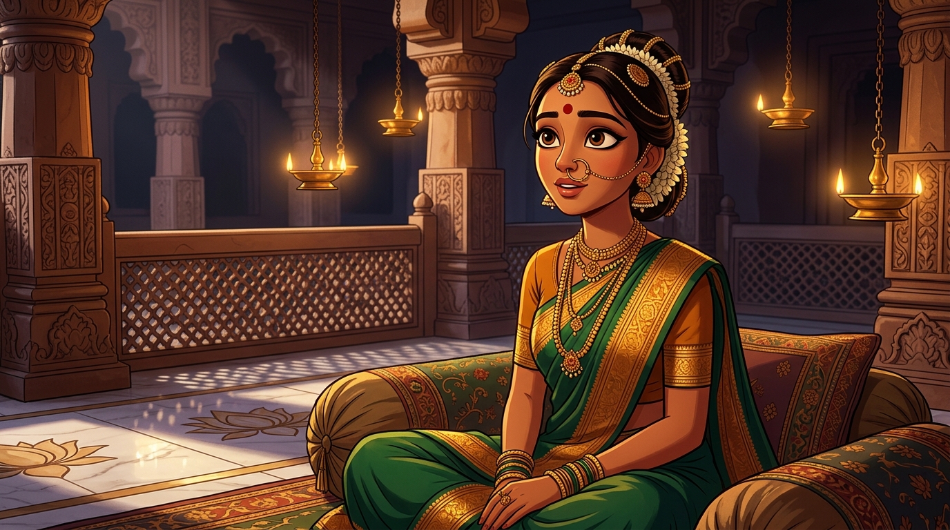 Prabhavati sitting on the bolsters, wide-eyed with realization at the power of compassion