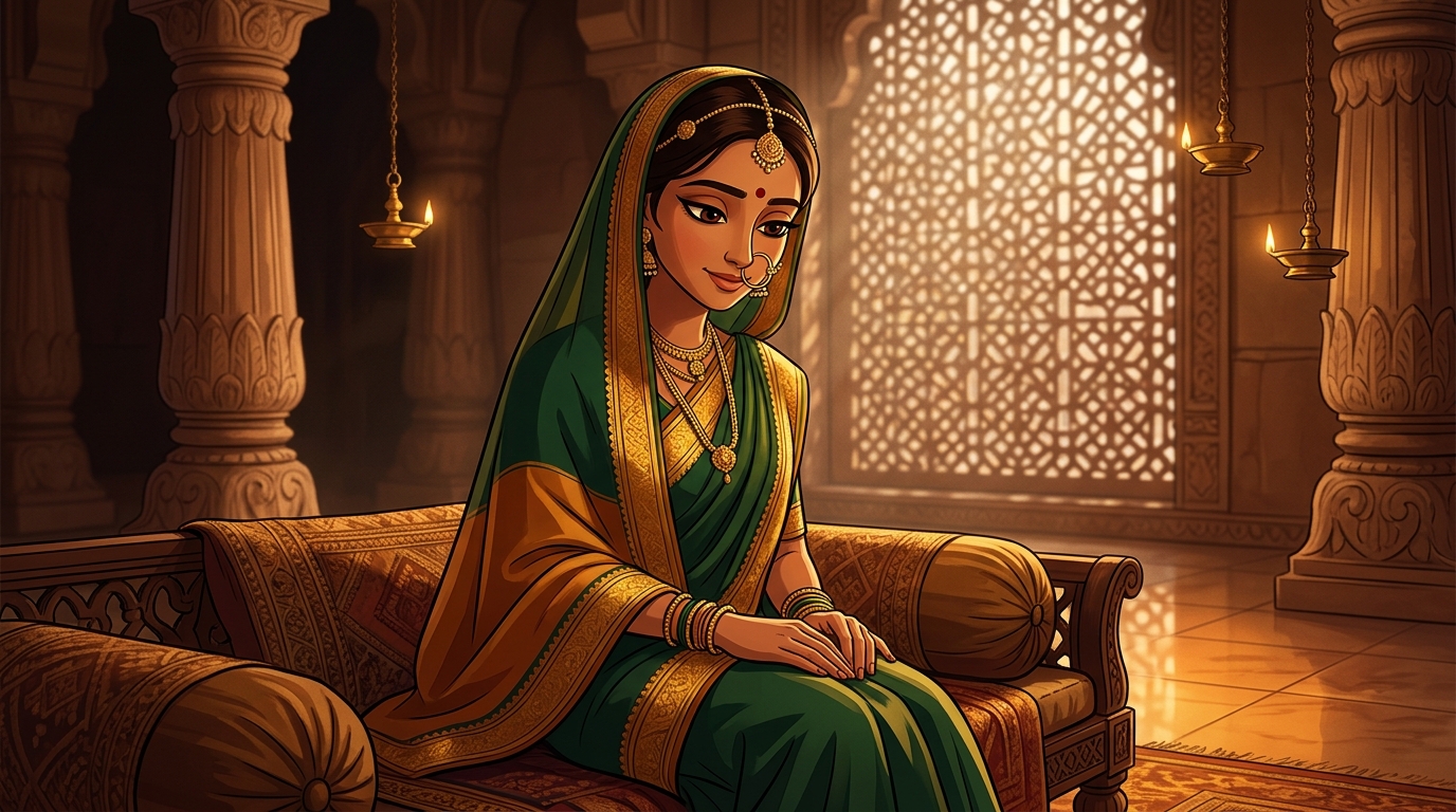 Prabhavati in serene contemplation, realizing gentle love and fidelity are her shield
