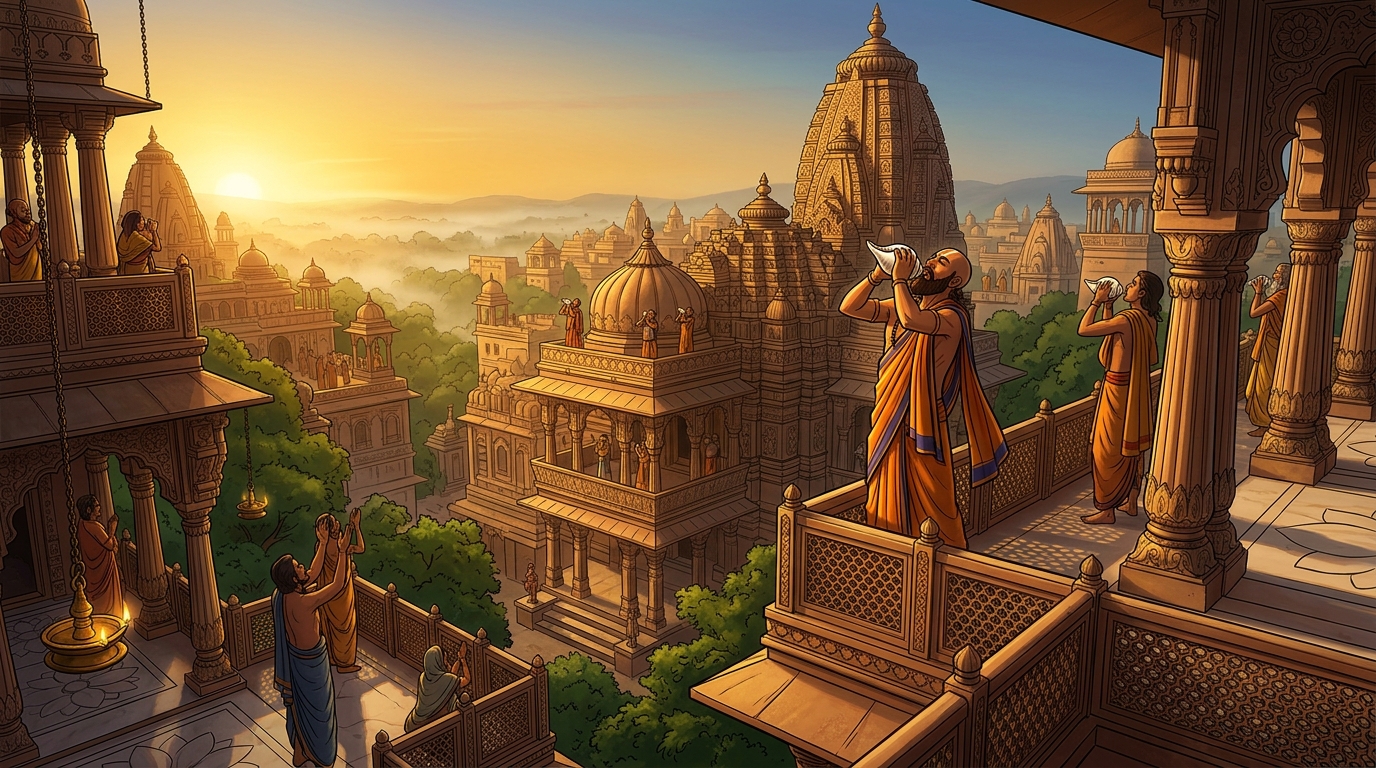 Golden dawn sunlight flooding across the Chandravati skyline as temple conches sound