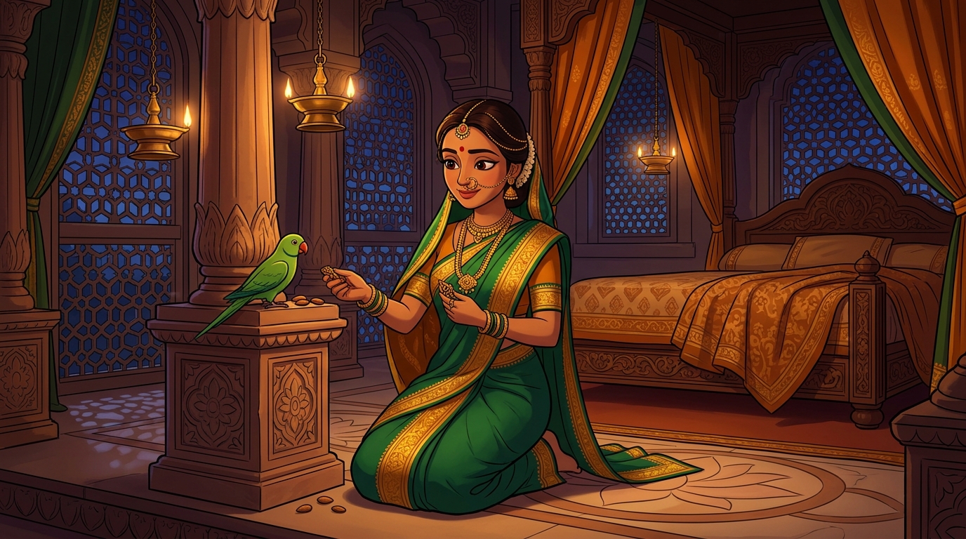 Prabhavati unclasps the tiger-eye brooch, gives Shuka sweet almonds, retreats peacefully