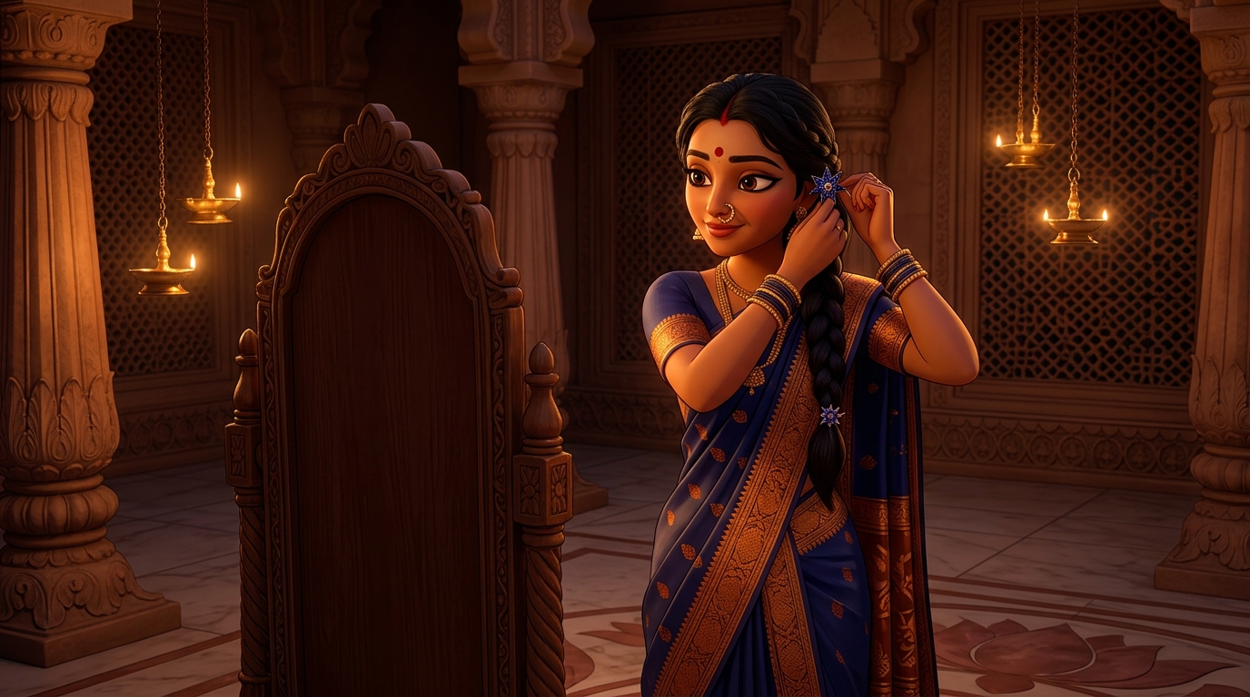 Prabhavati in celestial midnight-blue silk fastening the lapis star brooch into her hair by candlelight