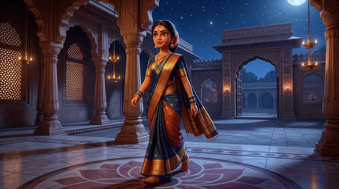 Prabhavati walking toward the courtyard gate with swift, confident steps under the moonlit sky