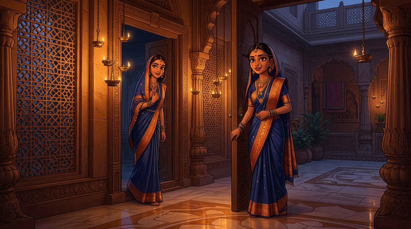 Prabhavati pausing on the doorstep with an amused smile