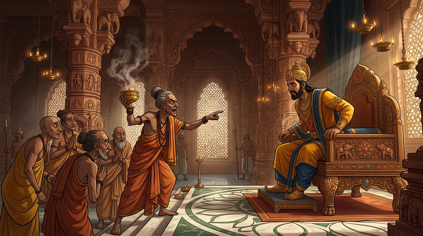 In throne room of Ujjayini, corrupt court priests warn King Devaraya that Rahu will devour the Sun