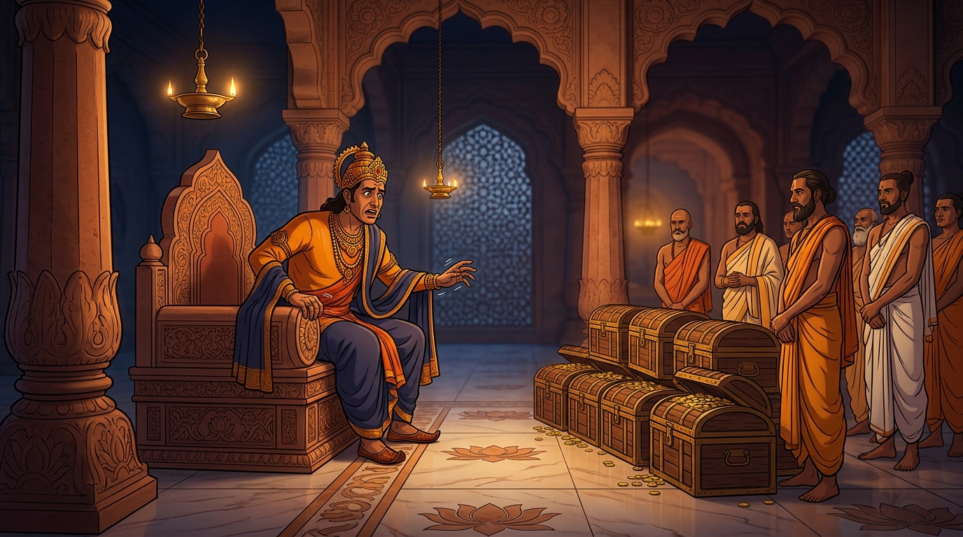 King Devaraya trembling on his throne, preparing to order gold chests handed over