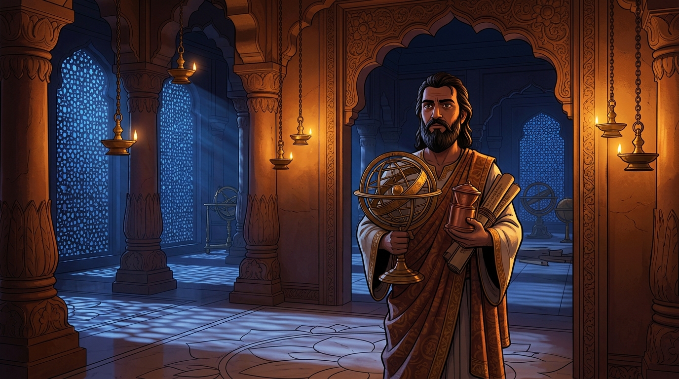 Royal Astronomer Varahamitra steps into the hall holding brass armillary sphere and water-clock
