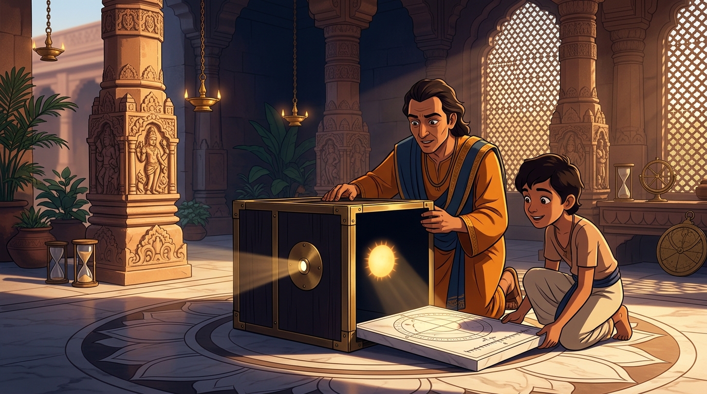 In courtyard, Varahamitra sets up dark chamber box projecting Sun onto white lotus marble