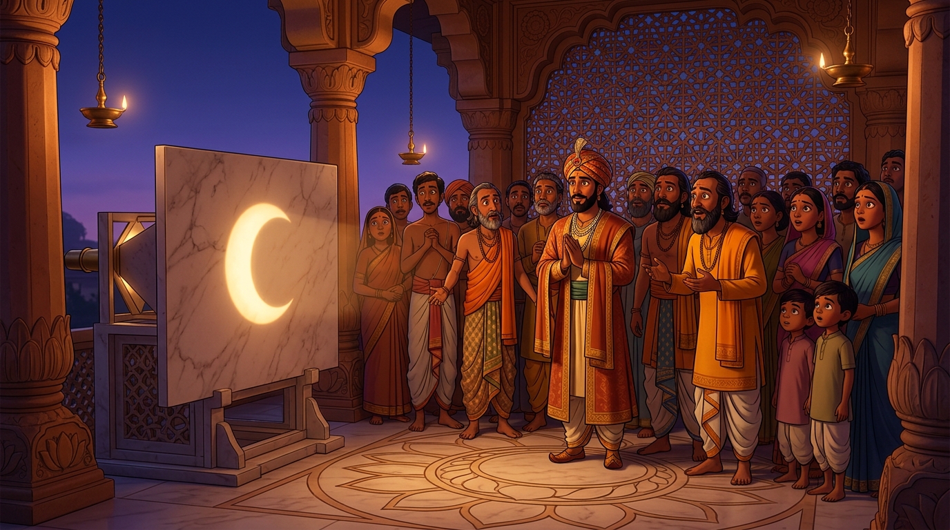 The King, ministers, and citizens watch in awe as crescent shadow glides across marble