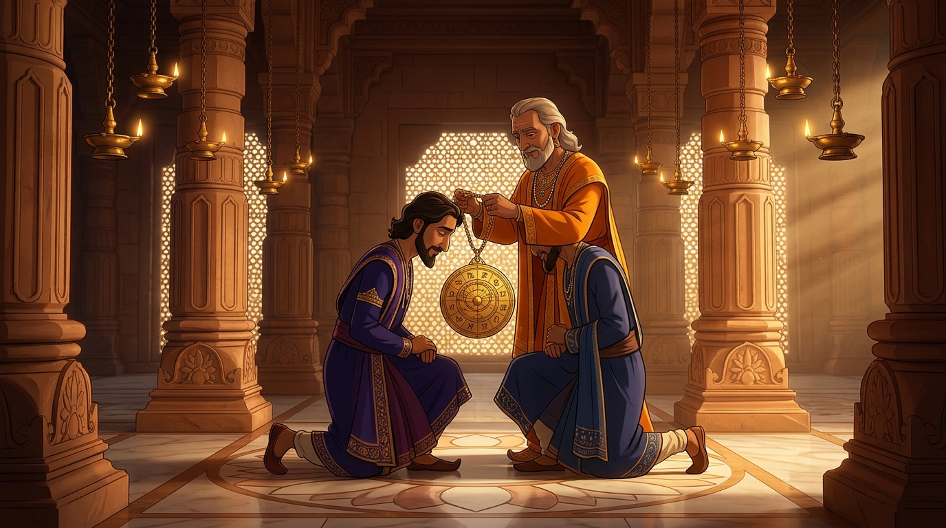 The King places golden astrolabe medallion around Varahamitra's neck, naming him Grand Astronomer