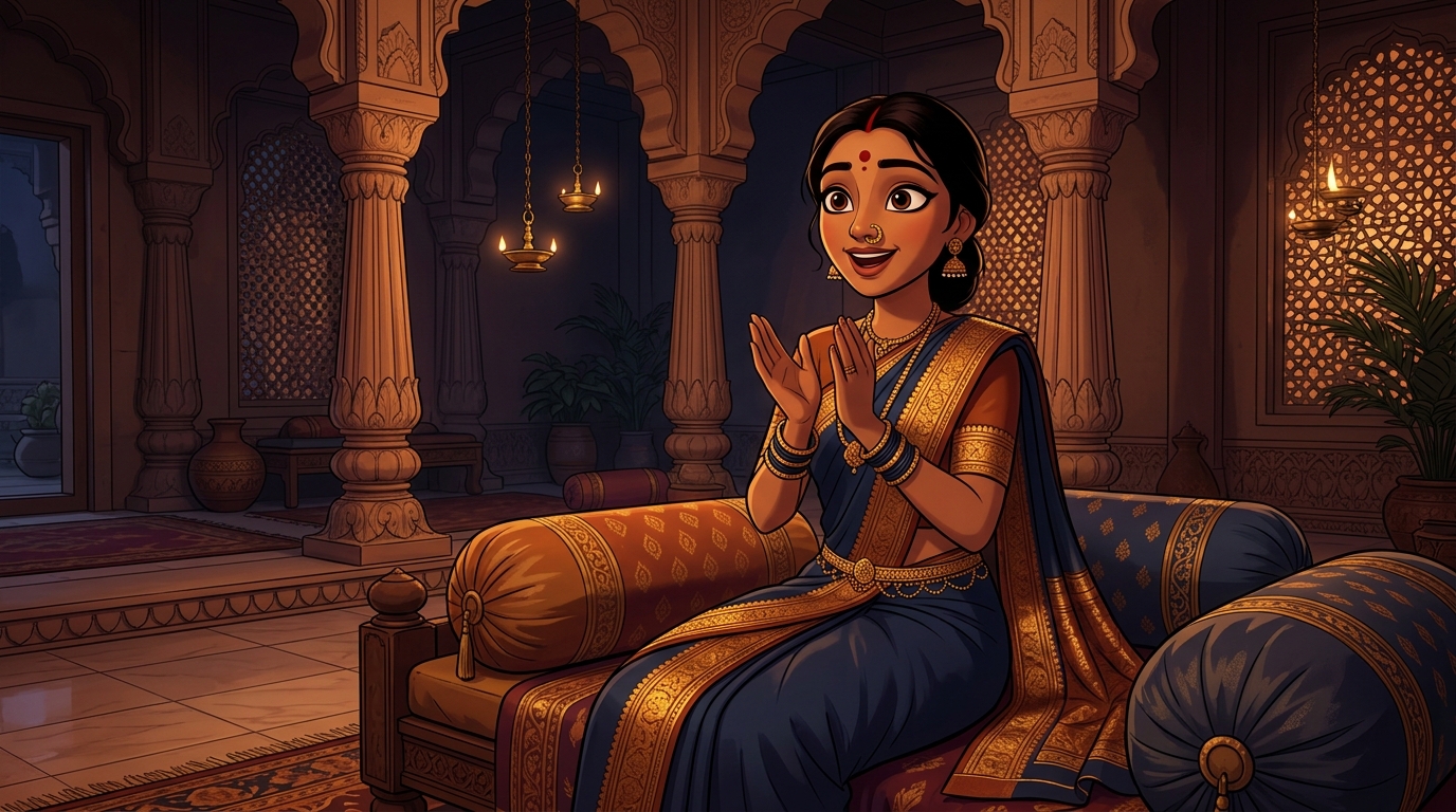 Prabhavati sitting on the bolsters, clapping in wonder at the light of truth dispelling fear