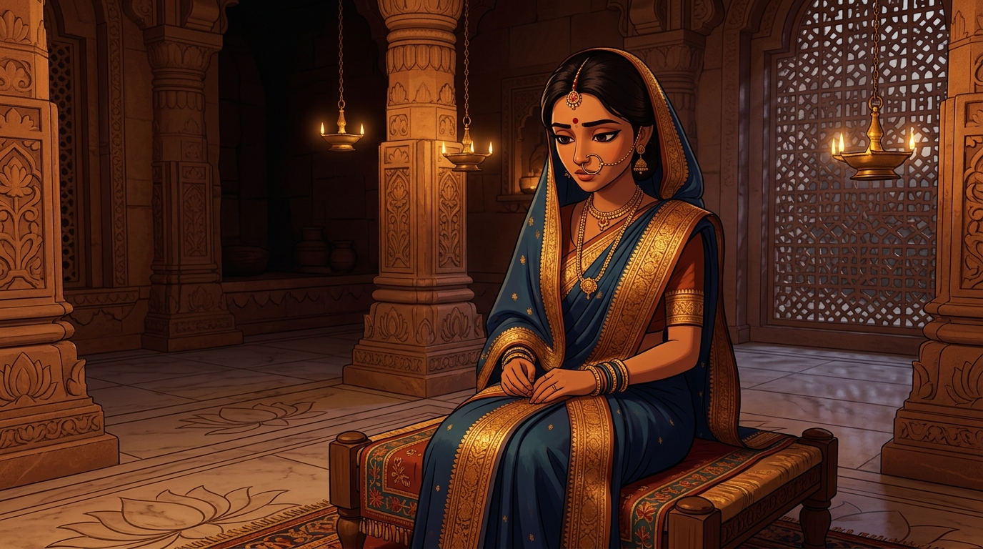 Prabhavati in deep contemplation, realizing truth and courage banish all shadows of doubt