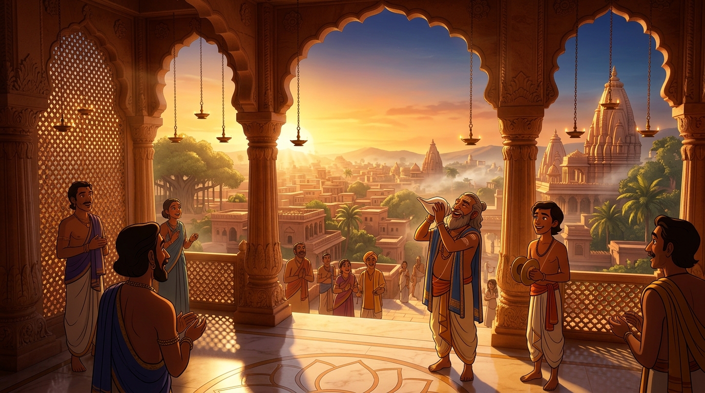 Golden dawn sunlight flooding across the sandstone arches as temple conches sound