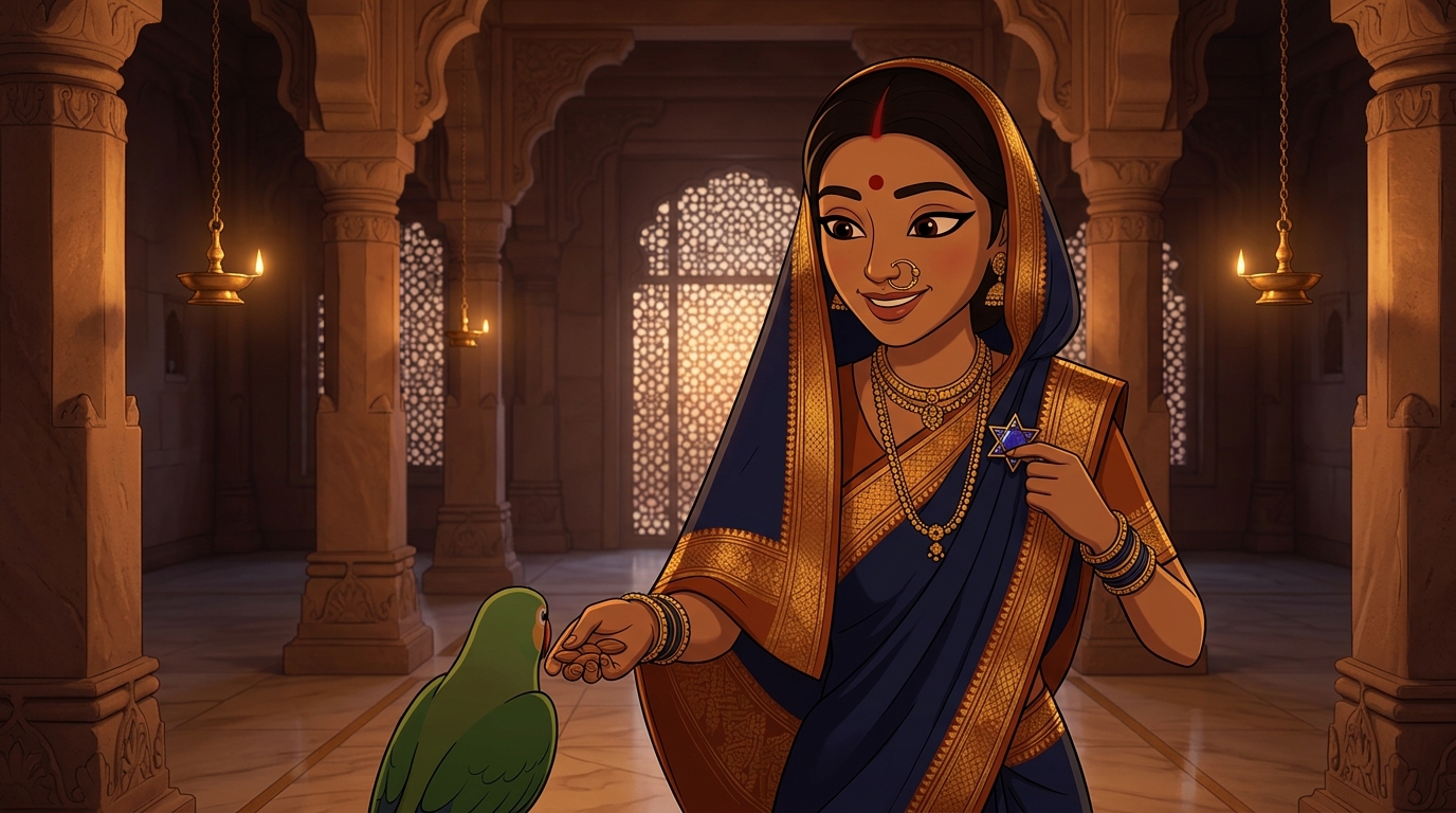 Prabhavati unclasps the lapis star brooch, hands Shuka sweet almonds, retreats peacefully