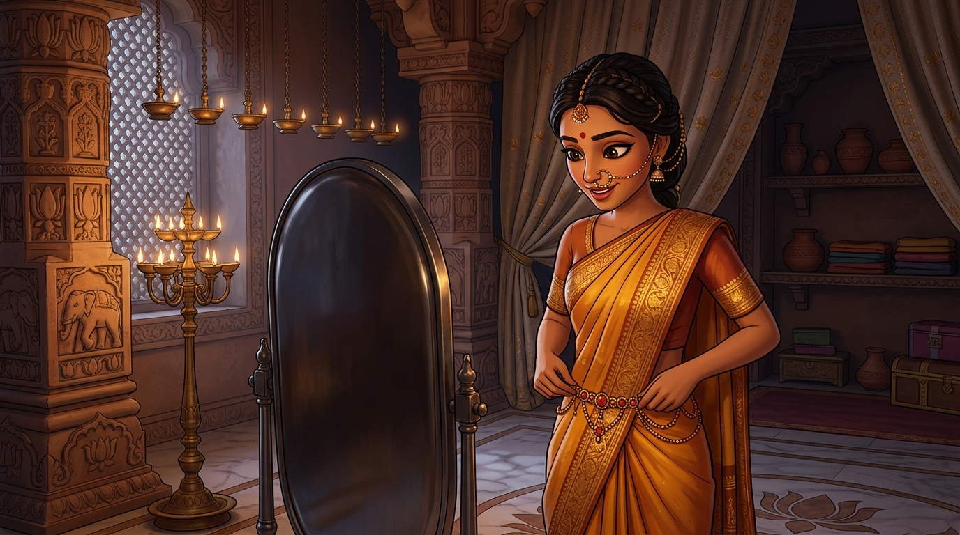 Prabhavati in saffron-and-terracotta silk fastening the waist chain by candlelight