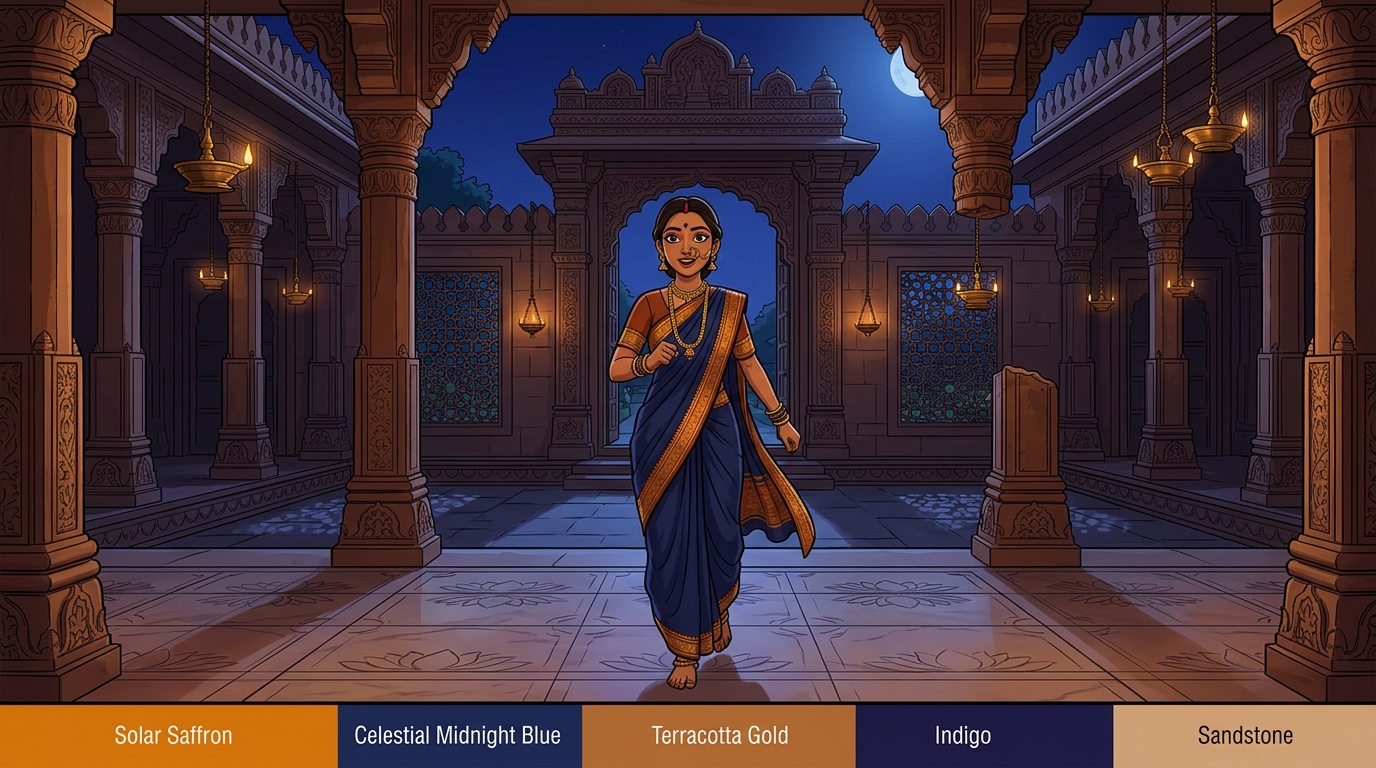 Prabhavati stepping toward the courtyard gate with swift, eager steps under the moonlit sky