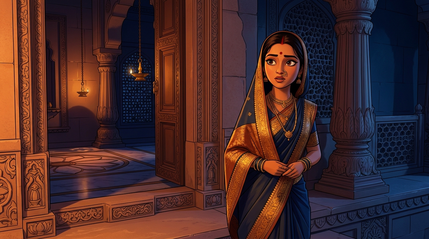 Prabhavati pausing on the doorstep with an amused smile