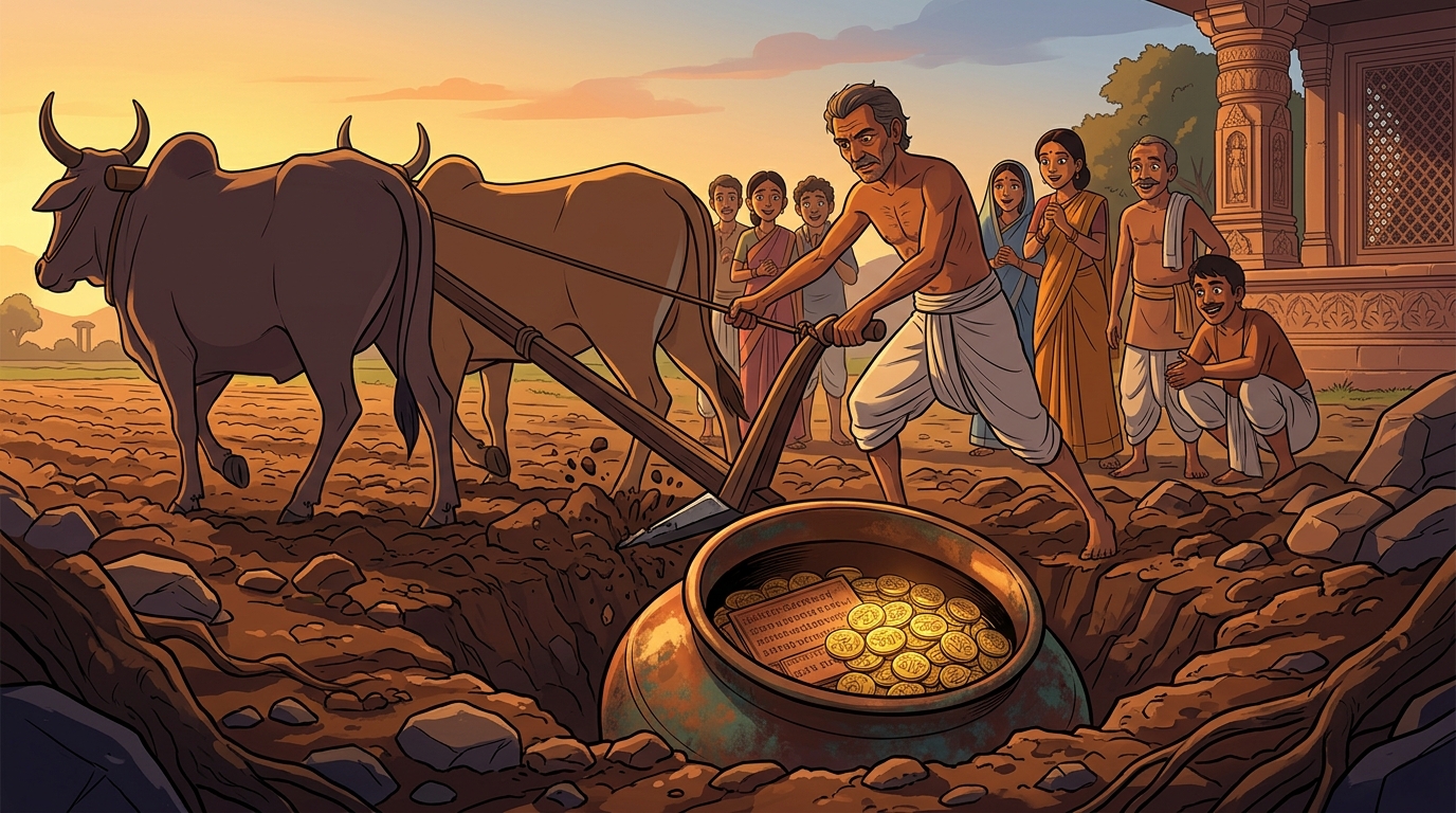 While plowing through rocks, Dharmaketu's iron plow strikes a buried copper pot with 500 gold coins