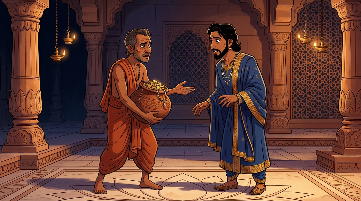 Dharmaketu carrying heavy pot of gold to Somadatta: 'I bought only topsoil; this gold is yours!'