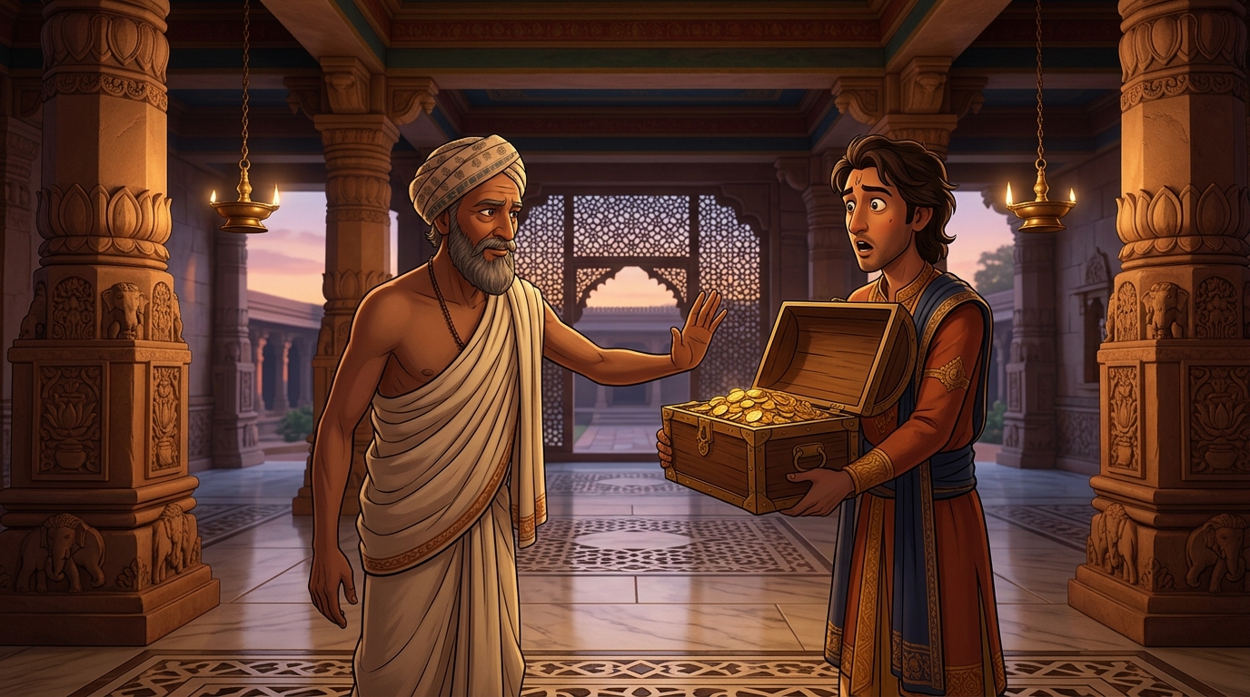 Somadatta refusing the gold: 'I sold the field and all beneath it; the treasure belongs to your fortune!'