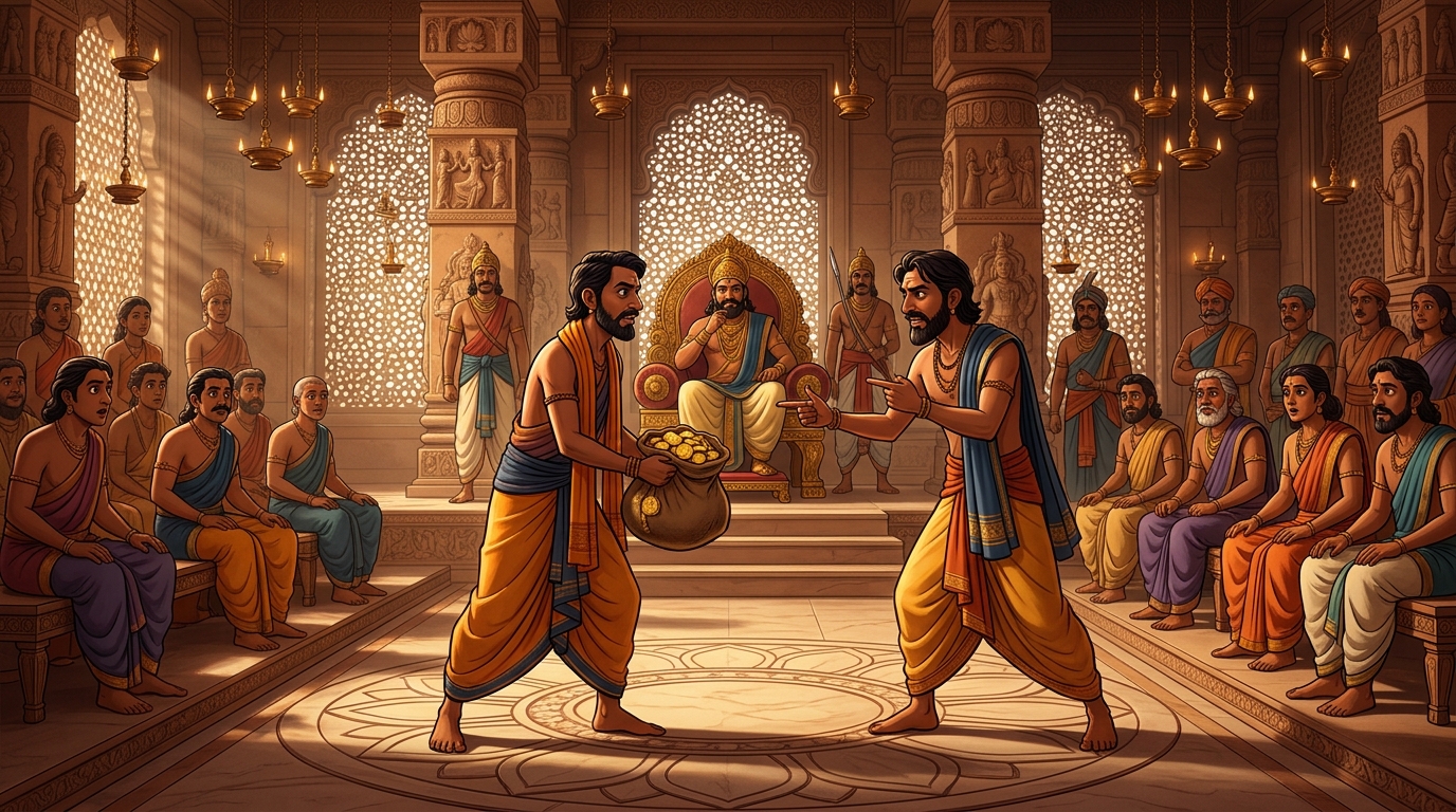 In court before King Somavarma, both farmers argue to give the 500 gold coins to the other