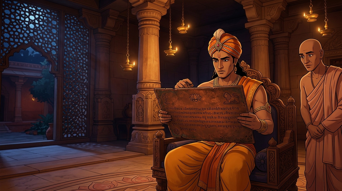 The King examines ancient copper plate charter: it decrees land was dedicated for public reservoirs