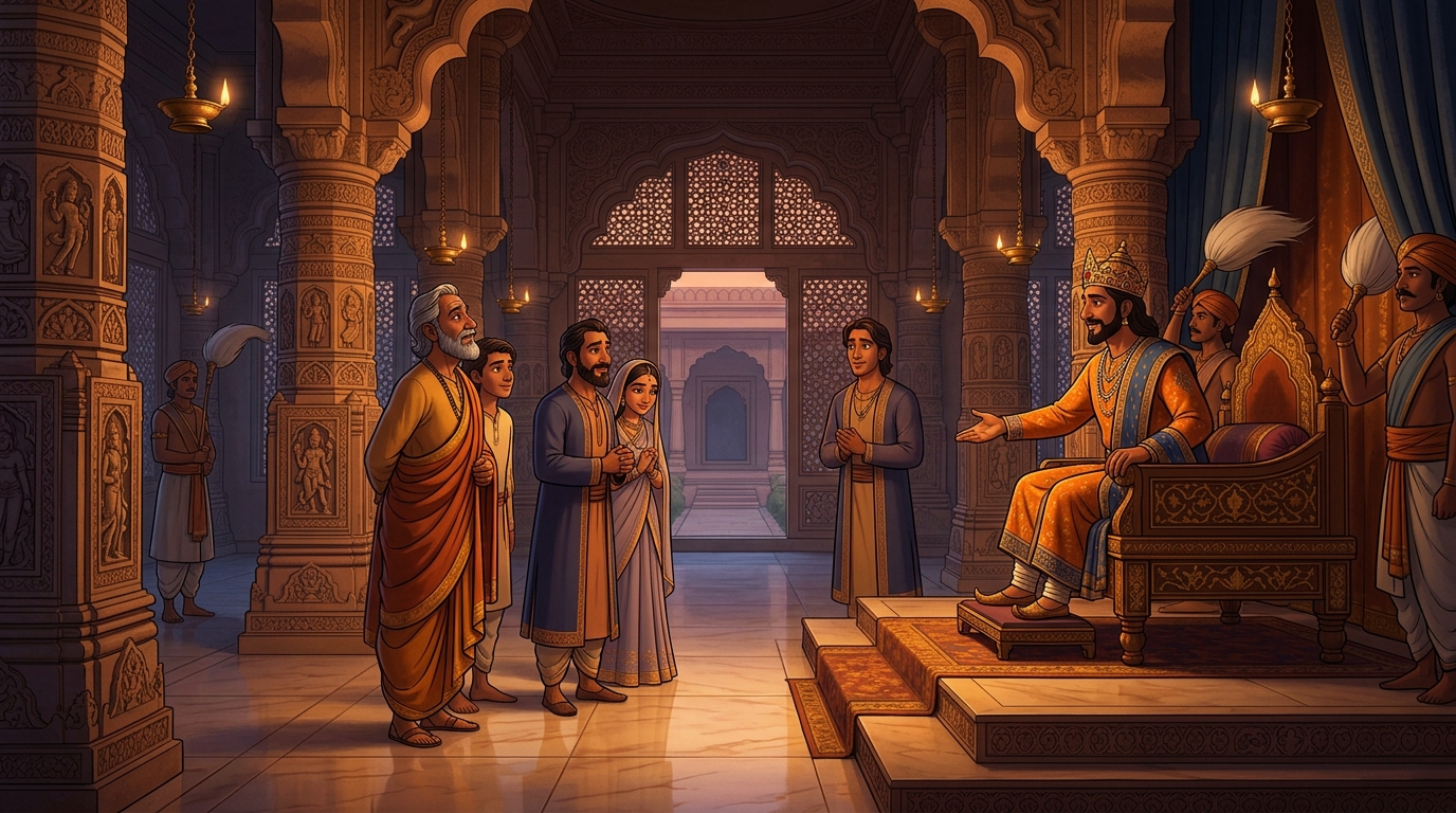 The King proposes resolution: Dharmaketu's son shall marry Somadatta's daughter