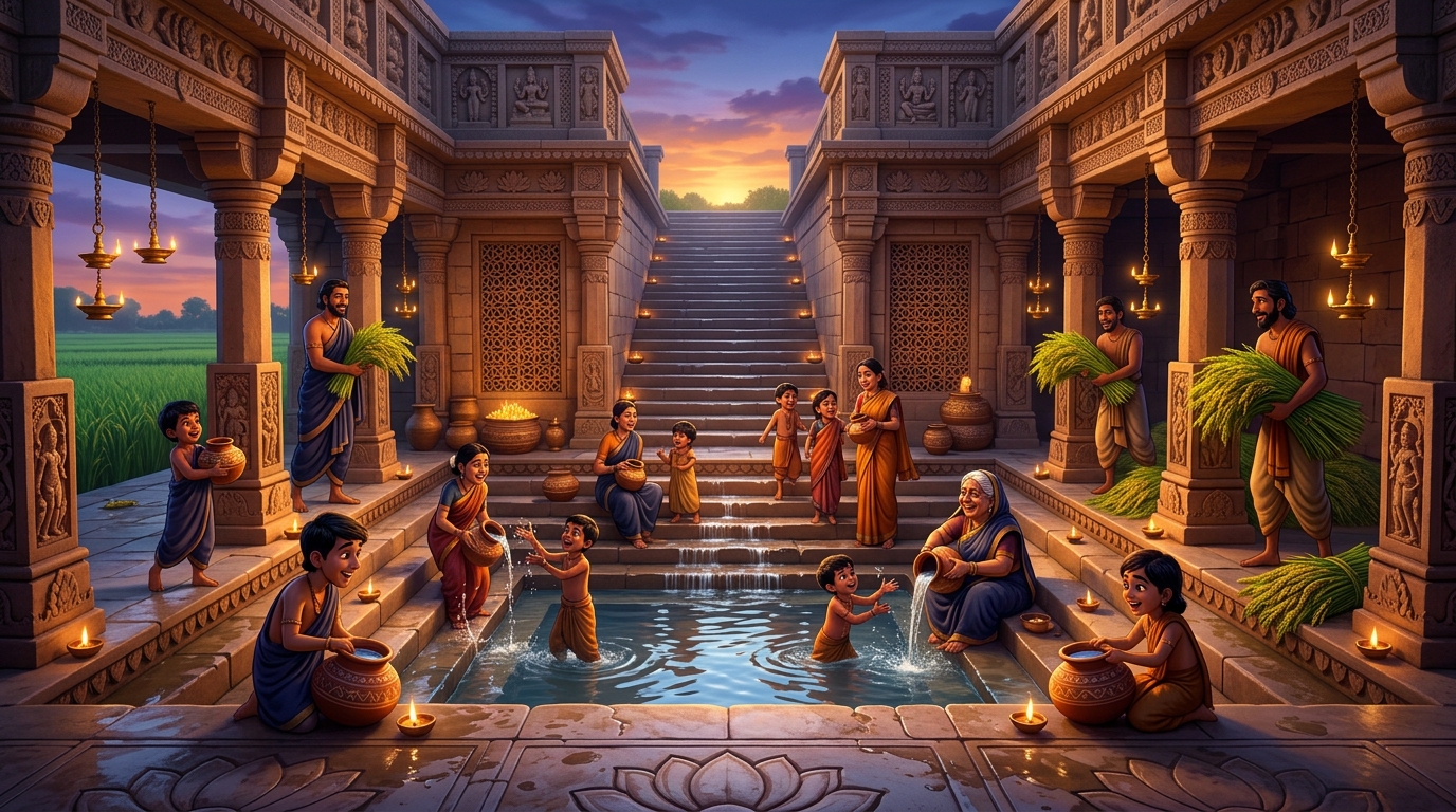 The grand stone stepwell overflowing with clean sweet water as joyful farming families celebrate harvest