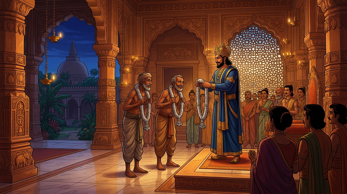 The King honors both farmers with silver garlands, naming them True Pillars of Righteousness