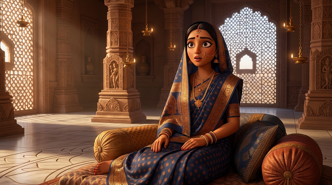 Prabhavati sitting on the bolsters, clapping in wonder at the power of mutual honesty