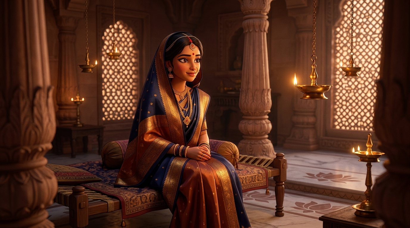 Prabhavati in serene contemplation, realizing fidelity and integrity are true treasures