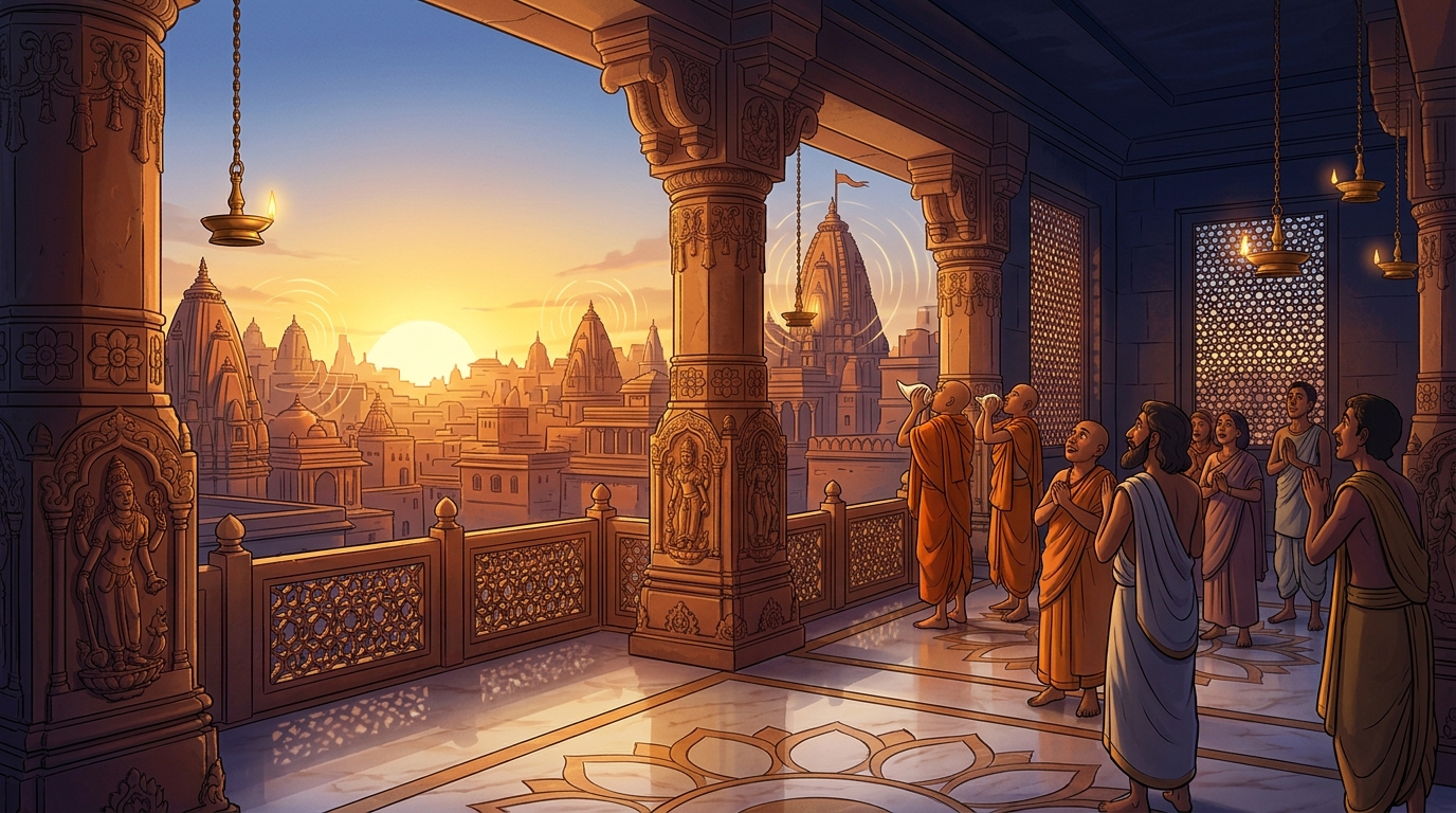 Golden dawn sunlight flooding across the Chandravati skyline as temple conches sound