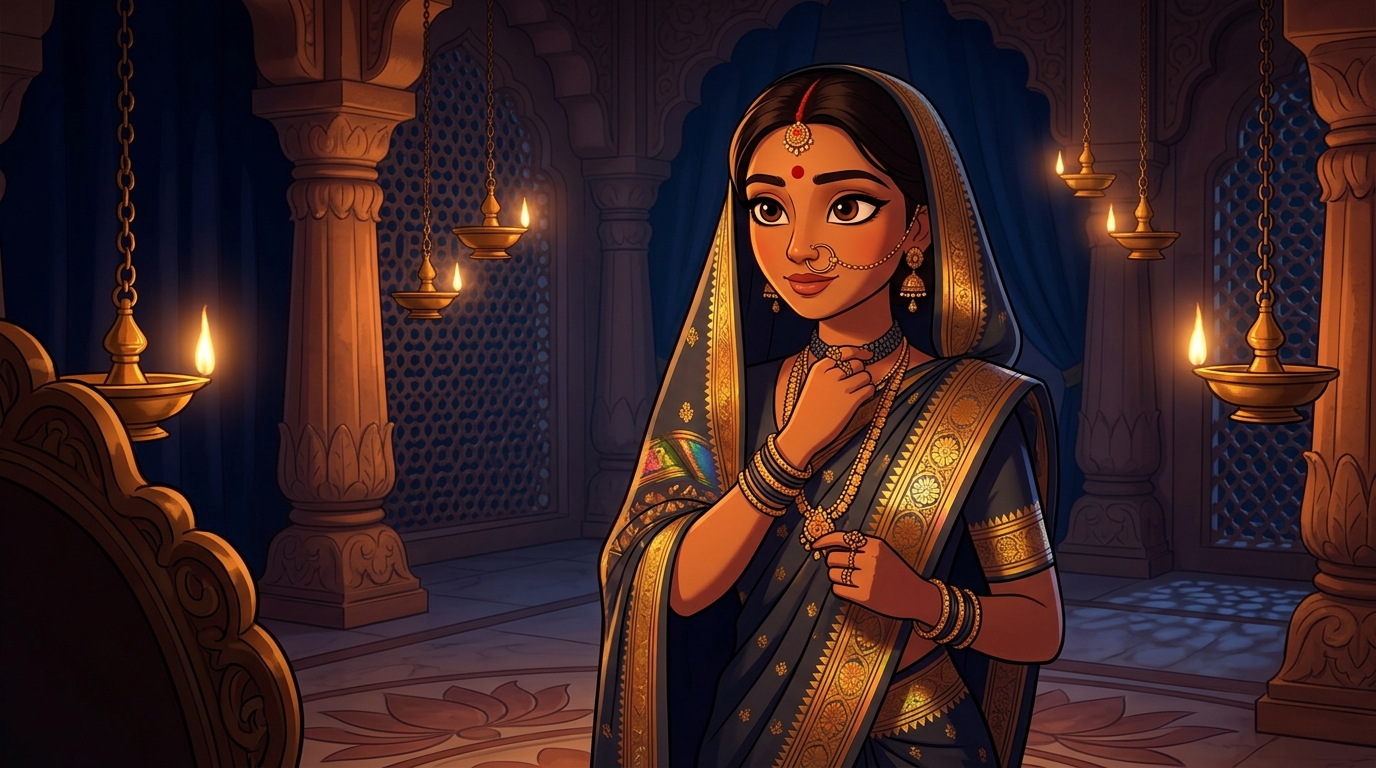 Prabhavati in charcoal-and-gold silk fastening the obsidian choker around her neck by candlelight