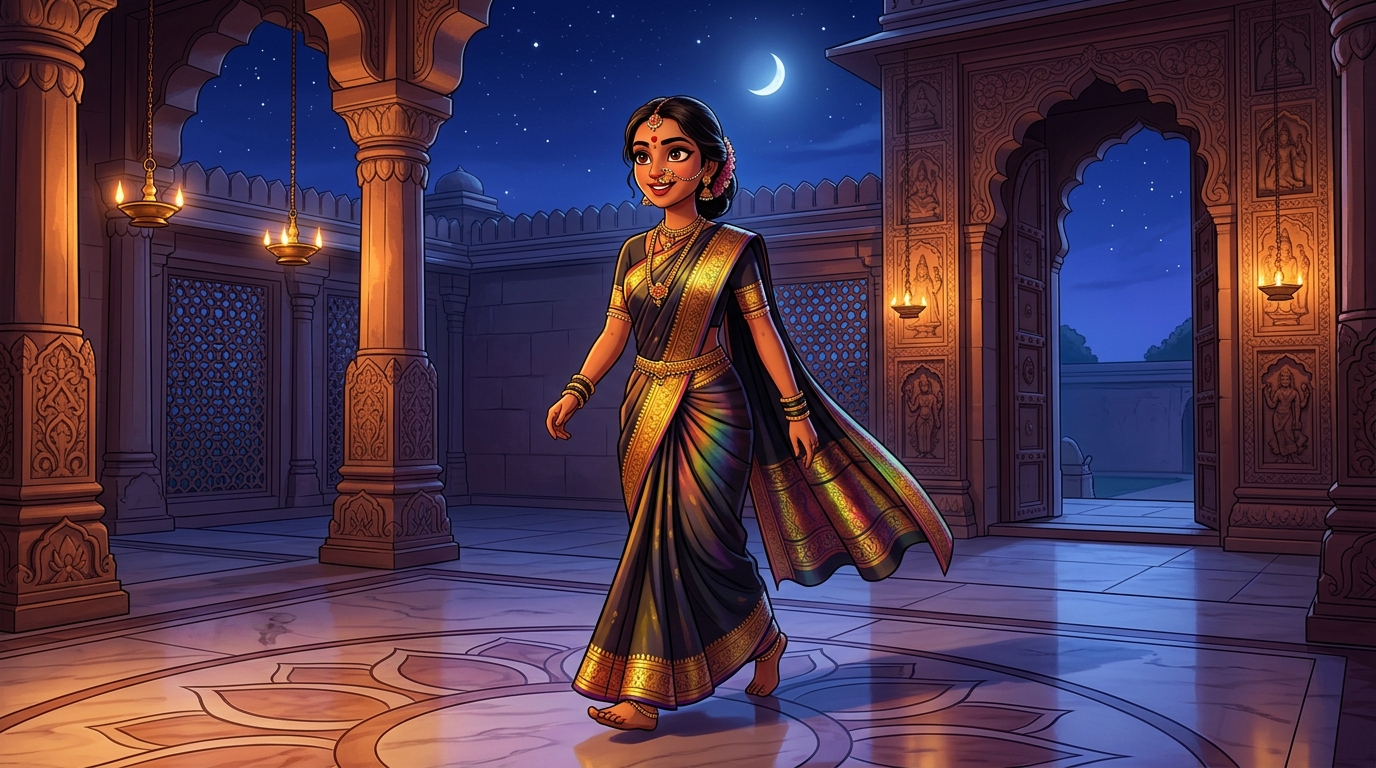 Prabhavati walking toward the courtyard gate with swift, confident steps under the moonlit sky