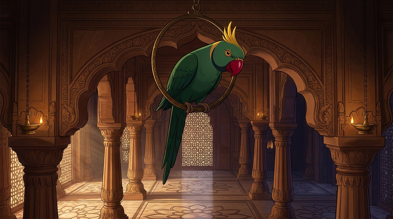 Shuka bowing gracefully on his golden swing, greeting her with polite courtly charm