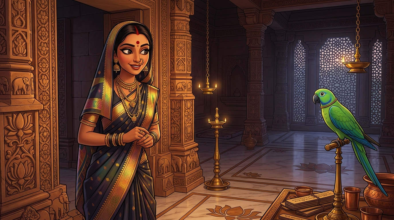Prabhavati pausing on the doorstep with an amused smile