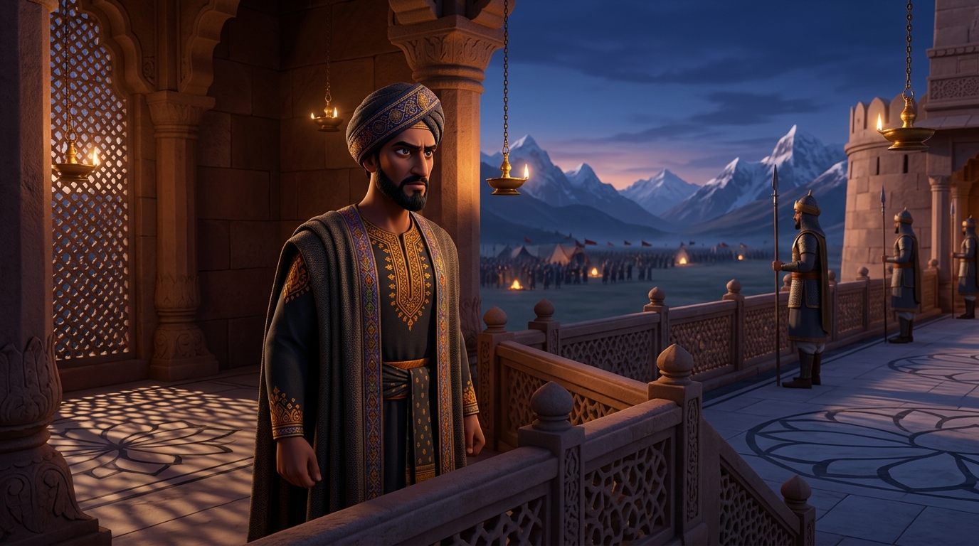 In mountain fortress of Champa, Emperor Prataparudra looks at an enemy army behind snowy peaks