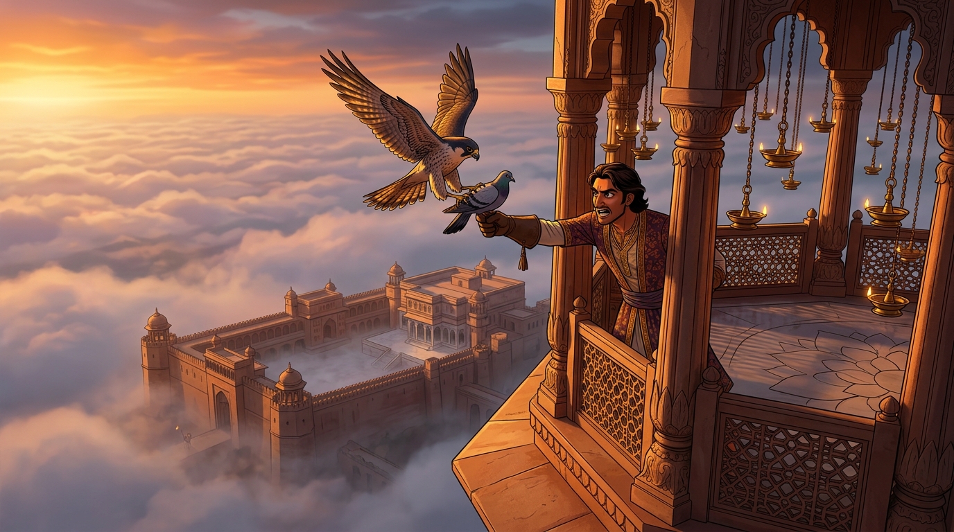 High above clouds, the falcon dives, intercepting an enemy carrier pigeon