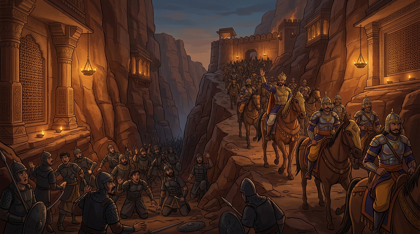 Emperor's cavalry surges through pass, surrounding invading army in gorge without bloodshed