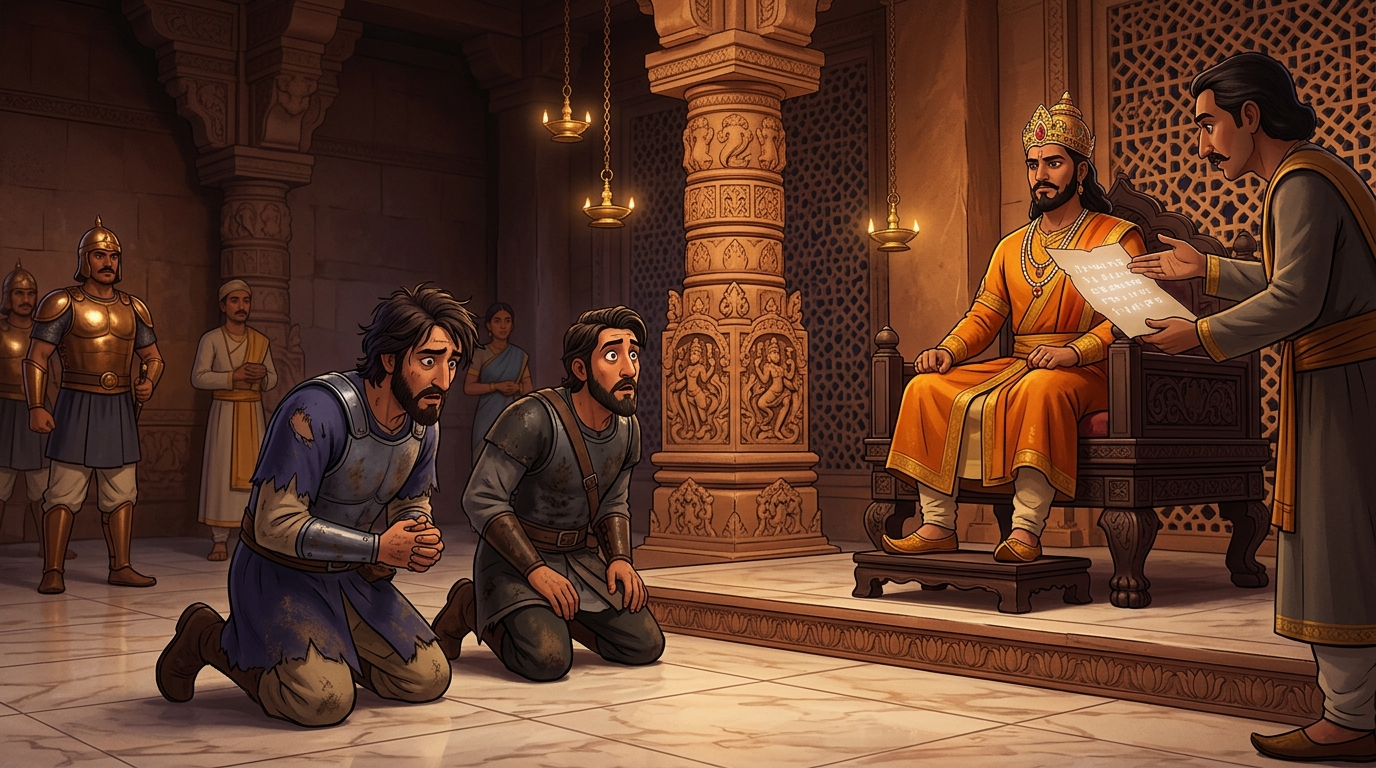 Captured commanders kneeling before Emperor Prataparudra, stunned cipher was intercepted