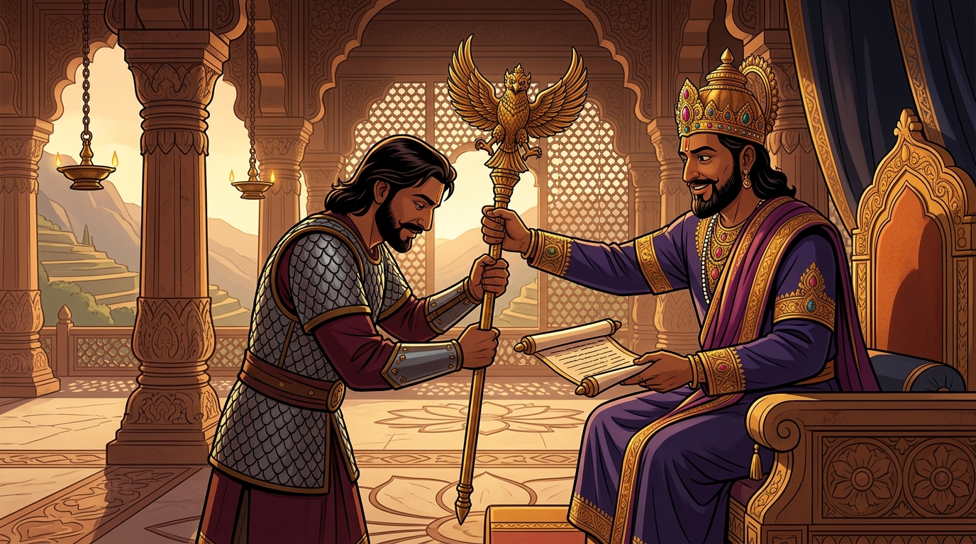 Emperor Prataparudra awards Garudadatta the Golden Falcon Standard and mountain estate