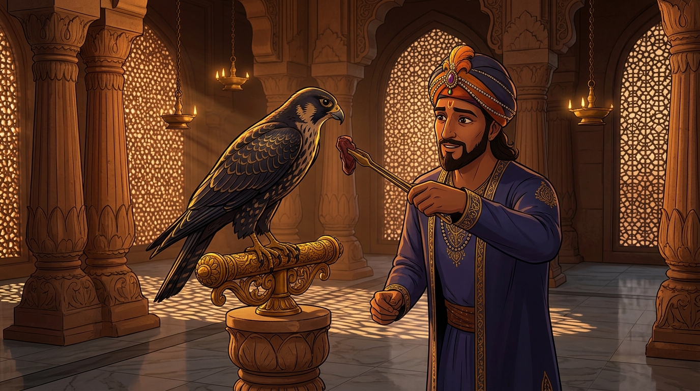 The majestic falcon perches proudly on a carved golden royal perch