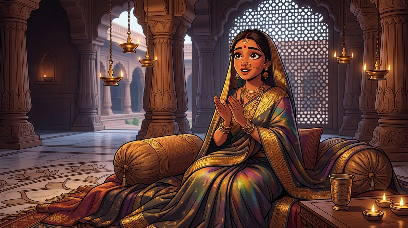 Prabhavati sitting on the bolsters, clapping in wonder at the power of vigilance
