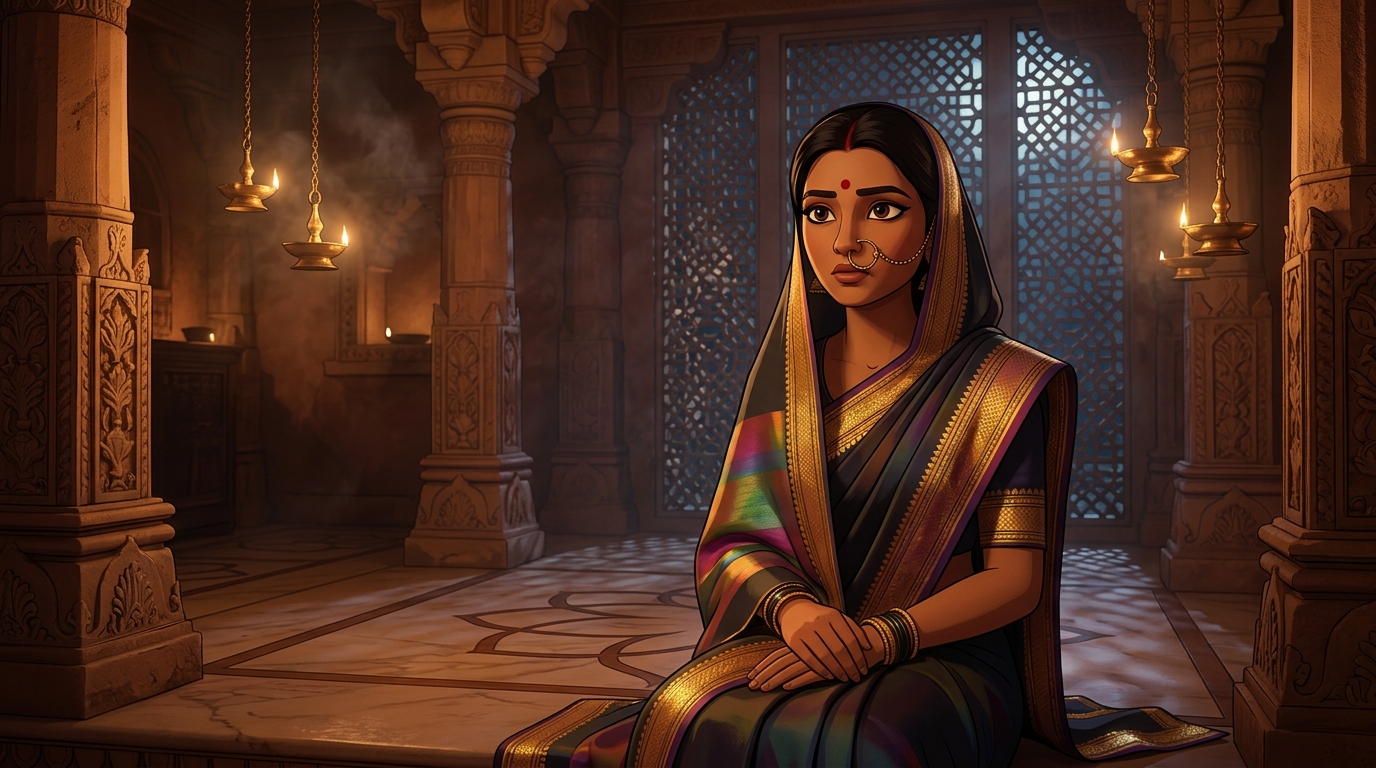 Prabhavati in deep contemplation, realizing vigilance is guardian of peace