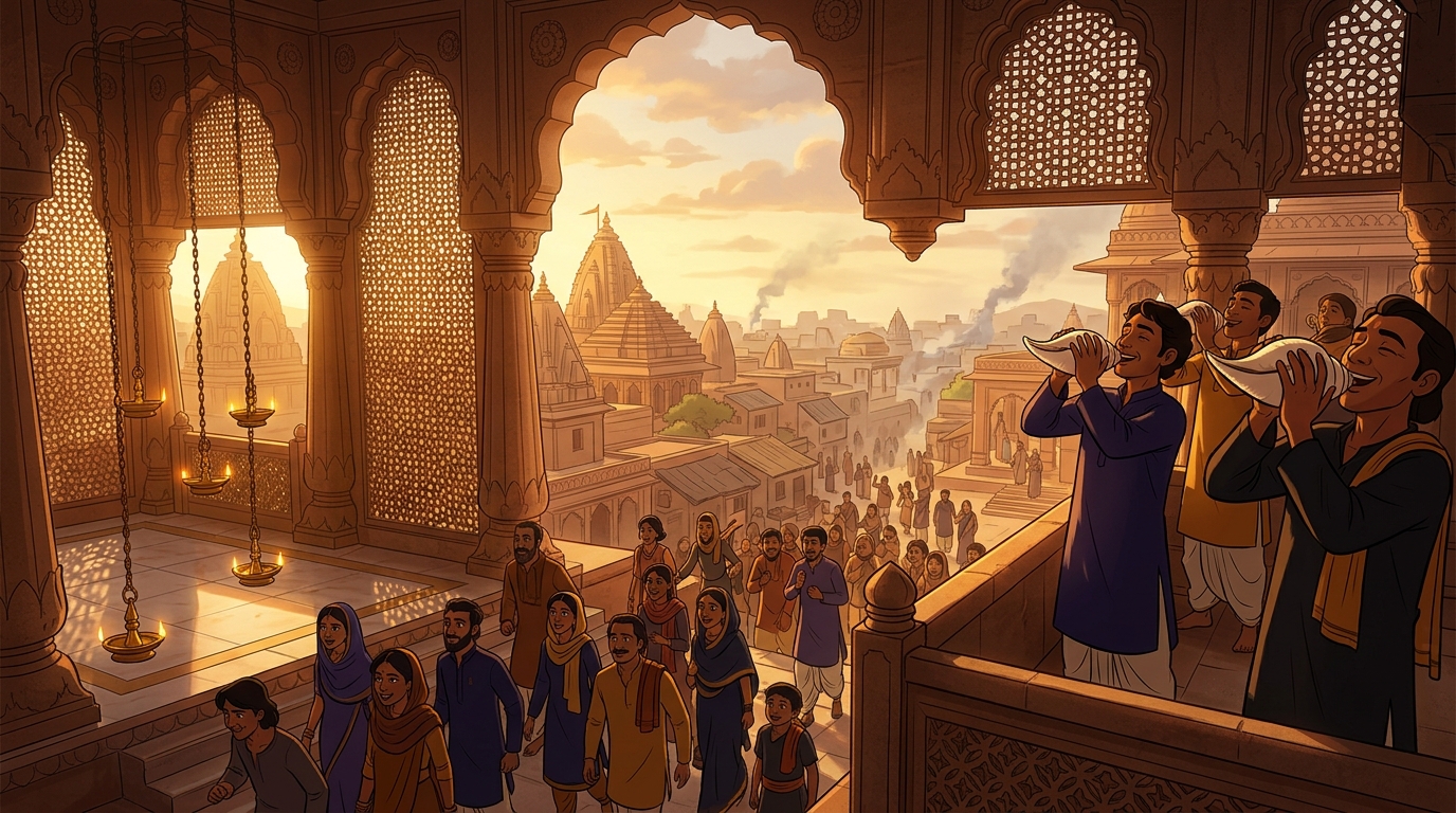 Golden dawn sunlight flooding across the sandstone arches as temple conches sound